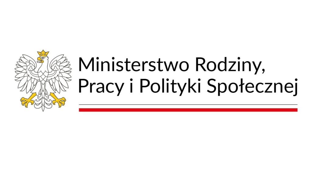 Logo Ministerstwa Rodziny, Pracy i Polityki Społecznej – biały orzeł w złotej koronie i z żółtymi szponami po lewej stronie oraz napis „Ministerstwo Rodziny, Pracy i Polityki Społecznej” po prawej. Pod napisem cienka czarna i grubsza czerwona linia.