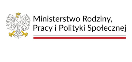 Logo Ministerstwa Rodziny, Pracy i Polityki Społecznej – biały orzeł w złotej koronie i z żółtymi szponami po lewej stronie oraz napis „Ministerstwo Rodziny, Pracy i Polityki Społecznej” po prawej. Pod napisem cienka czarna i grubsza czerwona linia.