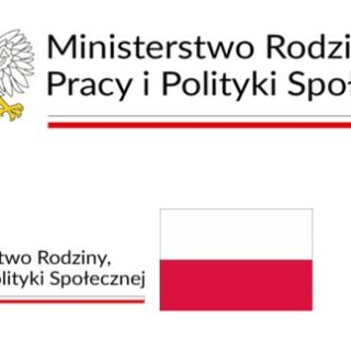 Grafika zawiera zestaw logotypów Ministerstwa Rodziny, Pracy i Polityki Społecznej. U góry biały orzeł w złotej koronie oraz napis „Ministerstwo Rodziny, Pracy i Polityki Społecznej” z podkreśleniem linią czarną i czerwoną. Na dole trzy elementy: małe logo ministerstwa z orłem, flaga Polski oraz godło państwowe z orłem białym na czerwonym tle.