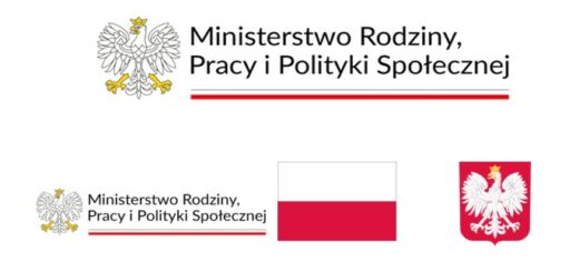 Grafika zawiera zestaw logotypów Ministerstwa Rodziny, Pracy i Polityki Społecznej. U góry biały orzeł w złotej koronie oraz napis „Ministerstwo Rodziny, Pracy i Polityki Społecznej” z podkreśleniem linią czarną i czerwoną. Na dole trzy elementy: małe logo ministerstwa z orłem, flaga Polski oraz godło państwowe z orłem białym na czerwonym tle.
