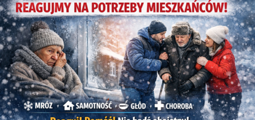 Zimowa grafika społeczna przedstawiająca osoby starsze i potrzebujące pomocy – samotną kobietę w chłodnym pomieszczeniu oraz starszego mężczyznę wspieranego przez innych ludzi na śniegu. Na grafice apel: „Zima nie wybacza obojętności – reagujmy na potrzeby mieszkańców”.