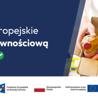 Grafika informacyjna programu Fundusze Europejskie na Pomoc Żywnościową 2021–2027. Osoba trzyma karton z artykułami spożywczymi. Na dole znajdują się logotypy Funduszy Europejskich, Rzeczypospolitej Polskiej i Unii Europejskiej.