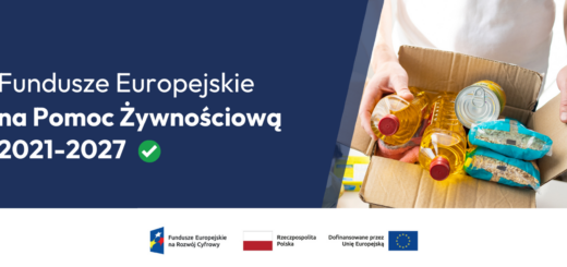 Grafika informacyjna programu Fundusze Europejskie na Pomoc Żywnościową 2021–2027. Osoba trzyma karton z artykułami spożywczymi. Na dole znajdują się logotypy Funduszy Europejskich, Rzeczypospolitej Polskiej i Unii Europejskiej.