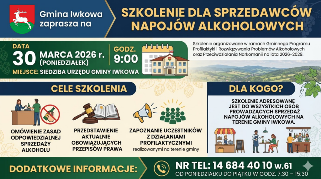 Plakat informujący o szkoleniu dla sprzedawców alkoholu w gminie Iwkowa, które odbędzie się 30 marca 2026 o godzinie 9:00 w siedzibie urzędu gminy.