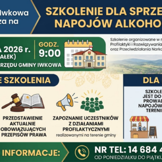 Plakat informujący o szkoleniu dla sprzedawców alkoholu w gminie Iwkowa, które odbędzie się 30 marca 2026 o godzinie 9:00 w siedzibie urzędu gminy.