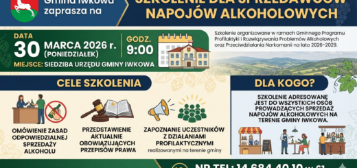 Plakat informujący o szkoleniu dla sprzedawców alkoholu w gminie Iwkowa, które odbędzie się 30 marca 2026 o godzinie 9:00 w siedzibie urzędu gminy.