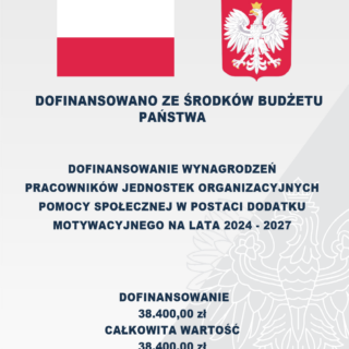 Grafika informująca o dofinansowaniu z budżetu państwa wynagrodzeń pracowników jednostek organizacyjnych pomocy społecznej w formie dodatku motywacyjnego na lata 2024–2027. Dofinansowanie wynosi 38 400 zł, całkowita wartość 38 400 zł, data podpisania umowy – styczeń 2026.