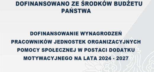 Grafika informująca o dofinansowaniu z budżetu państwa wynagrodzeń pracowników jednostek organizacyjnych pomocy społecznej w formie dodatku motywacyjnego na lata 2024–2027. Dofinansowanie wynosi 38 400 zł, całkowita wartość 38 400 zł, data podpisania umowy – styczeń 2026.