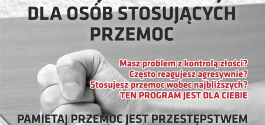 Plakat informacyjny z hasłem o programie dla osób stosujących przemoc, przedstawiający zaciśniętą pięść oraz komunikaty o kontroli złości i wsparciu.