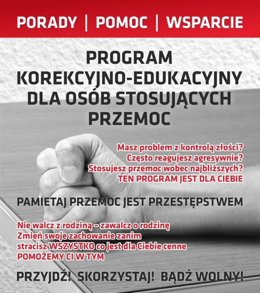 Plakat informacyjny z hasłem o programie dla osób stosujących przemoc, przedstawiający zaciśniętą pięść oraz komunikaty o kontroli złości i wsparciu.