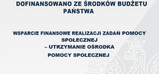 Grafika informująca o dofinansowaniu ze środków budżetu państwa na realizację zadań pomocy społecznej – utrzymanie ośrodka pomocy społecznej. Kwota dofinansowania i całkowita wartość zadania wynosi 46 643,00 zł. Data podpisania umowy: styczeń 2026.