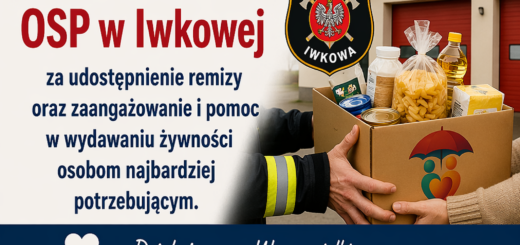 Plakat z podziękowaniami od Gminnego Ośrodka Pomocy Społecznej (GOPS) w Iwkowej dla druhów Ochotniczej Straży Pożarnej (OSP) w Iwkowej. Na górze widnieje logo GOPS (dwie postacie pod czerwonym parasolem) oraz duży, czerwony napis „dziękuje”. W centralnej części znajduje się herb OSP Iwkowa oraz zdjęcie dłoni strażaka przekazującego karton wypełniony żywnością (m.in. makaron, olej, konserwy) osobie potrzebującej. W tle widoczny jest budynek remizy. Dolna część plakatu zawiera informację, że wsparcie jest realizowane w ramach programu „Fundusze Europejskie na Pomoc Żywnościową 2021–2027 – PODPROGRAM 2025”. Na samym dole umieszczono logotypy: Funduszy Europejskich, flagę Rzeczypospolitej Polskiej oraz flagę Unii Europejskiej. Całość wieńczy hasło: „RAZEM MOŻEMY WIĘCEJ – POMAGAJMY RAZEM!”.