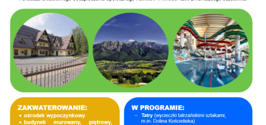 Ulotka informacyjna dotycząca kolonii letnich w górach dla dzieci rolników w 2026 roku. Zawiera szczegóły o cenie, zakwaterowaniu, programie atrakcji oraz zdjęcia ośrodka, Tatr i aquaparku. W dolnym rogu znajduje się logo i dane organizatora – Stowarzyszenia Wspierania Inicjatyw Oświatowo-Wychowawczych im. Teresy Kras.