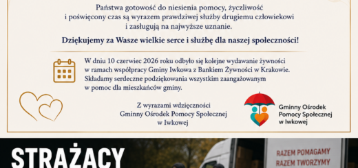 Oficjalne podziękowanie od GOPS Iwkowa dla OSP Iwkowa za pomoc w wydawaniu żywności 10 czerwca 2026 roku. Grafika zawiera tekst podziękowań, logotyp gminy Iwkowa oraz dolną sekcję ze zdjęciami strażaków pakujących żywność do kartonów z napisem „Żywność dla mieszkańców gminy Iwkowa”.