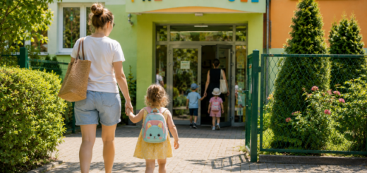 Kobieta z torbą na ramieniu i mała dziewczynka w żółtej sukience i z plecakiem w kształcie misia idą w kierunku wejścia do budynku przedszkola, nad którym widnieje kolorowy napis „PRZEDSZKOLE”