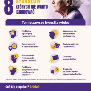 Plakat edukacyjny z okazji Światowego Dnia Alzheimera (21 września) przedstawiający 8 wczesnych sygnałów ostrzegawczych choroby oraz wskazówki, gdzie szukać pomocy i jak postępować w przypadku niepokojących objawów.