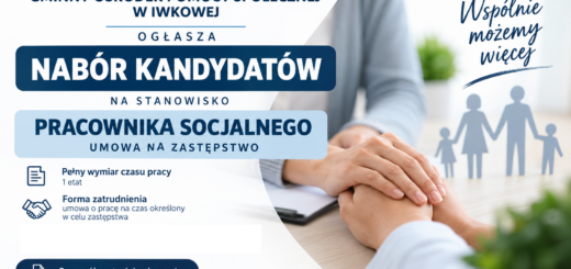 Plakat informacyjny Gminnego Ośrodka Pomocy Społecznej w Iwkowej ogłaszającego nabór kandydatów na stanowisko pracownika socjalnego na umowę na zastępstwo (pełny wymiar czasu pracy).