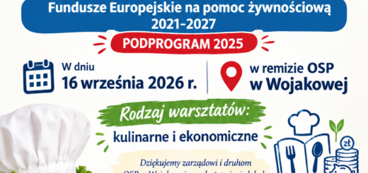 Kolorowy plakat informacyjny zapraszający na warsztaty kulinarne i ekonomiczne w ramach Programu Fundusze Europejskie na pomoc żywnościową 2021-2027 (Podprogram 2025), organizowane 16 września 2026 r. w remizie OSP w Wojakowej. Grafika zawiera motywy kulinarne (czapkę kucharską, świeże warzywa, książkę z sztućcami) oraz logotypy instytucji rządowych i unijnych.