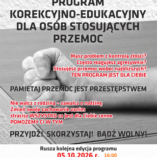 Plakat informacyjny programu korekcyjno-edukacyjnego dla osób stosujących przemoc. Na górze i dole znajdują się czerwone pasy z białymi napisami „PORADY | POMOC | WSPARCIE” oraz informacjami kontaktowymi PCPR w Brzesku. W centralnej części widać zaciśniętą pięść na tle biurka oraz hasła zachęcające do zmiany zachowania i skorzystania z bezpłatnej pomocy od 5 października 2026 roku.