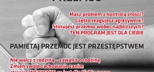 Plakat informacyjny programu korekcyjno-edukacyjnego dla osób stosujących przemoc. Na górze i dole znajdują się czerwone pasy z białymi napisami „PORADY | POMOC | WSPARCIE” oraz informacjami kontaktowymi PCPR w Brzesku. W centralnej części widać zaciśniętą pięść na tle biurka oraz hasła zachęcające do zmiany zachowania i skorzystania z bezpłatnej pomocy od 5 października 2026 roku.